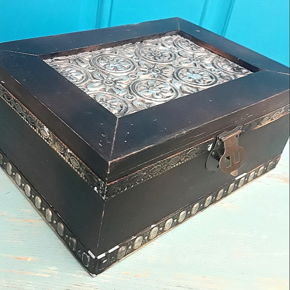 Wood and Metal Box with Hinged Lid Jewelry Wooden Trinket Box Gift for Her Him